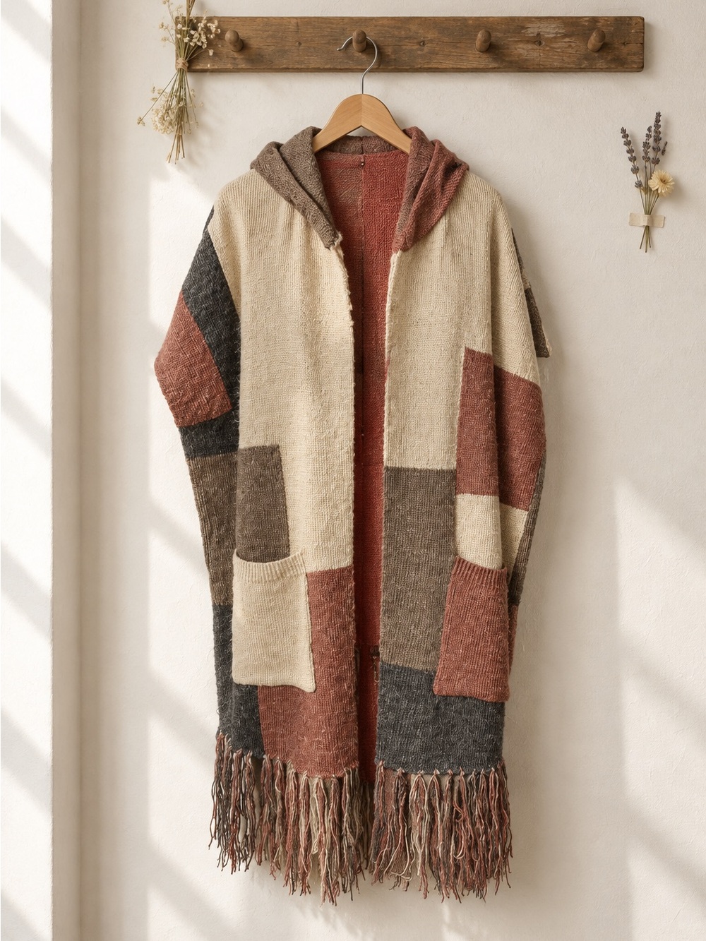 JODIFL Hooded Patchwork Fringe Poncho in Beige, Brown & Gray Runs Large